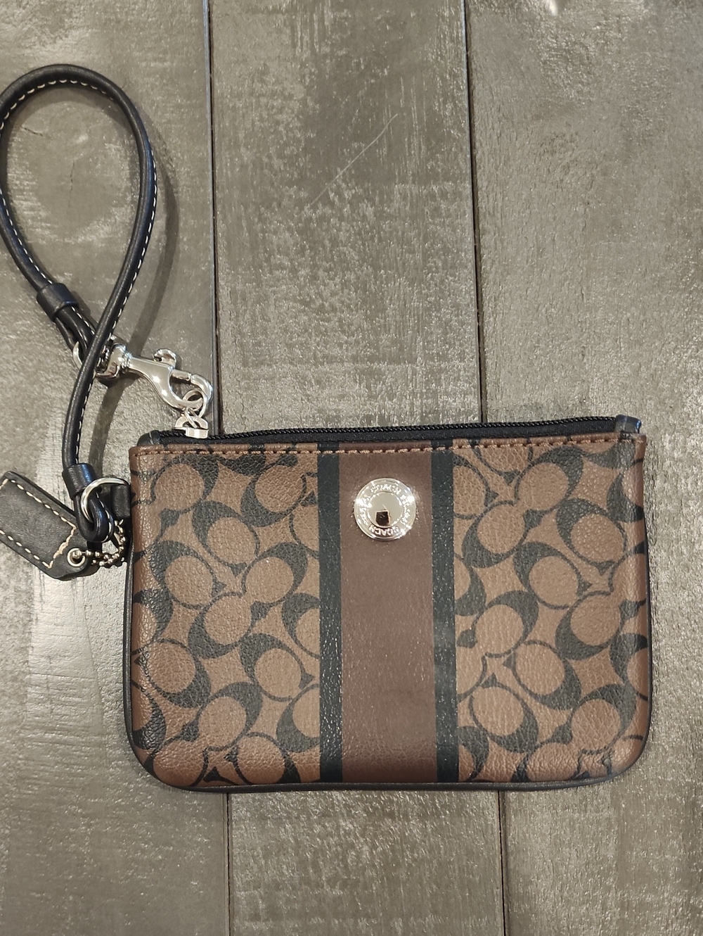 Coach Brown Monogram Wristlet with Black Stripe